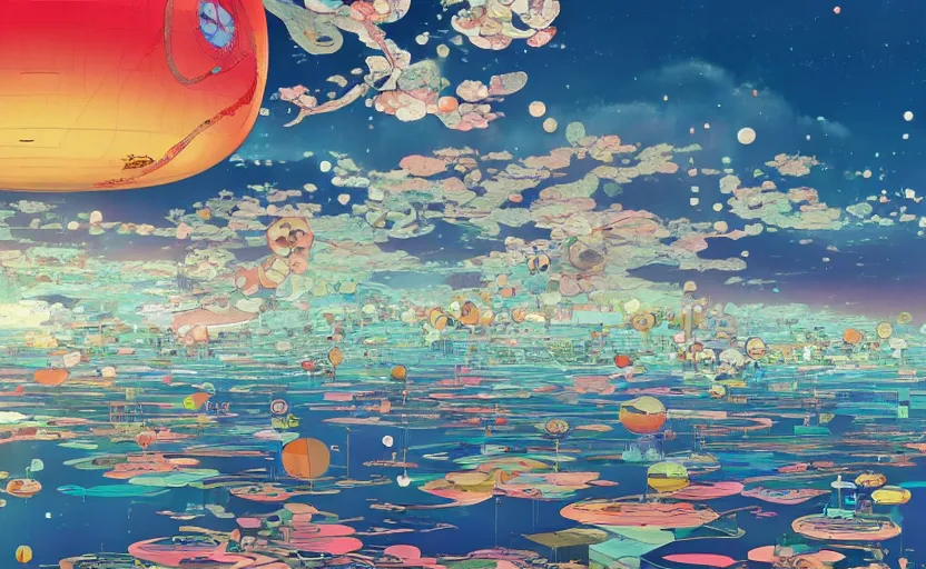 Image similar to a city floating above the sea by takashi murakami,, beeple and james jean, aya takano color style, 4 k, super detailed, night sky, digital art, digital painting, celestial, majestic, colorful