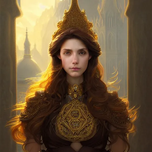 Prompt: brown haired mage medium portrait, female, city landscape, norway, d & d, fantasy, intricate, elegant, highly detailed, digital painting, brown and gold color palette, artstation, octane render, concept art, matte, sharp focus, illustration, herrarthstone, art by artgerm and greg rutkowski and alphonse mucha