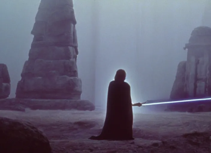 Image similar to epic still of luke skywalker using lightsaber in foggy environment, approaching an ancient temple in the distance, female sith lord in the distance, iconic scene from the 1980s film directed by Stanley Kubrick, cinematic lighting, kodak film stock, strange, hyper real, stunning moody cinematography, with anamorphic lenses, crisp, detailed portrait, 4k image