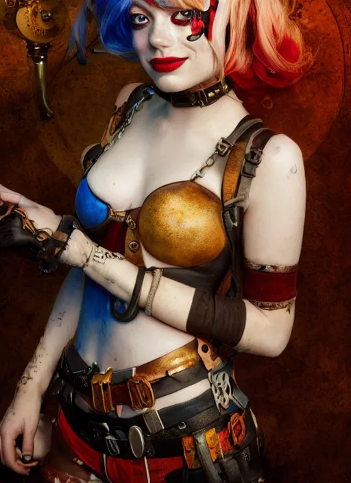 Prompt: underwater steampunk portrait of emma stone as harley quinn, hyper detailed, digital art, cinematic lighting, studio quality, smooth render, octane rendered, art style by klimt and nixeu and ian sprigger and krenz cushart.
