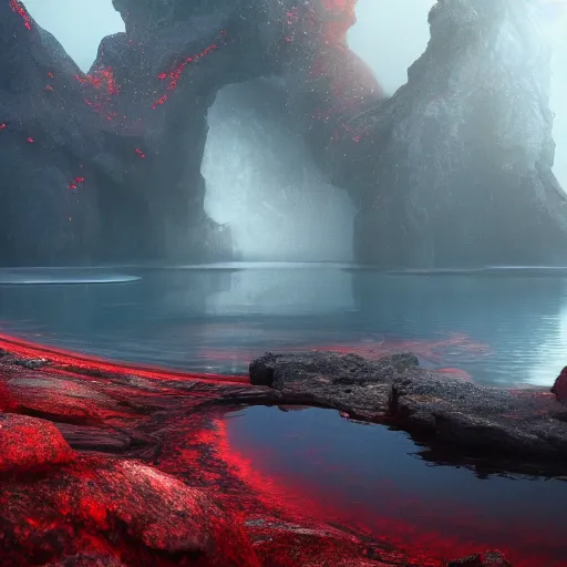 Prompt: landscape of a large Infiniti pool sitting in hell. intricate artwork by artstation. halo. octane render, cinematic, hyper realism, octane render, 8k, bokeh, demonic, dark, devil, demons, mist, red illuminating fog, rocks, hell. scheme.