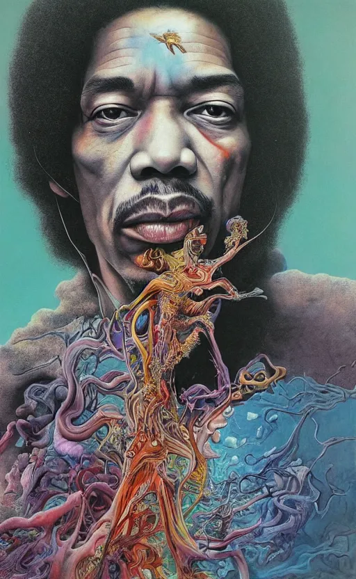 Image similar to ultrawide angle colour masterpiece surreal closeup portrait photography of jimi hendrix playing on stage by miho hirano and annie leibovitz and michael cheval, weird surreal epic psychedelic complex biomorphic 3 d fractal landscape in background by kilian eng and roger dean and salvador dali and beksinski, 8 k