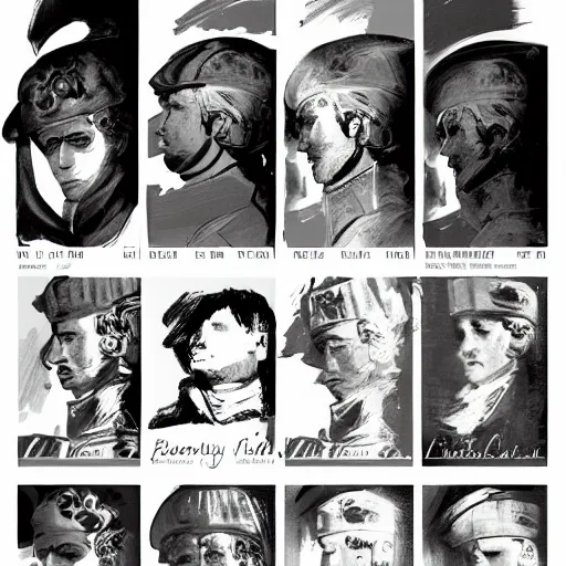 Image similar to faces reference sheet of napoleon bonaparte by ashley wood and j. m. w. turner, speed painting, monochrome