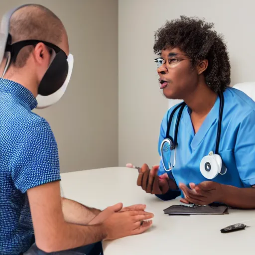 Image similar to A doctor consulting a patient using video conferencing, Canon EOS R3, f/1.4, ISO 200, 1/160s, 8K, RAW, unedited, symmetrical balance, in-frame