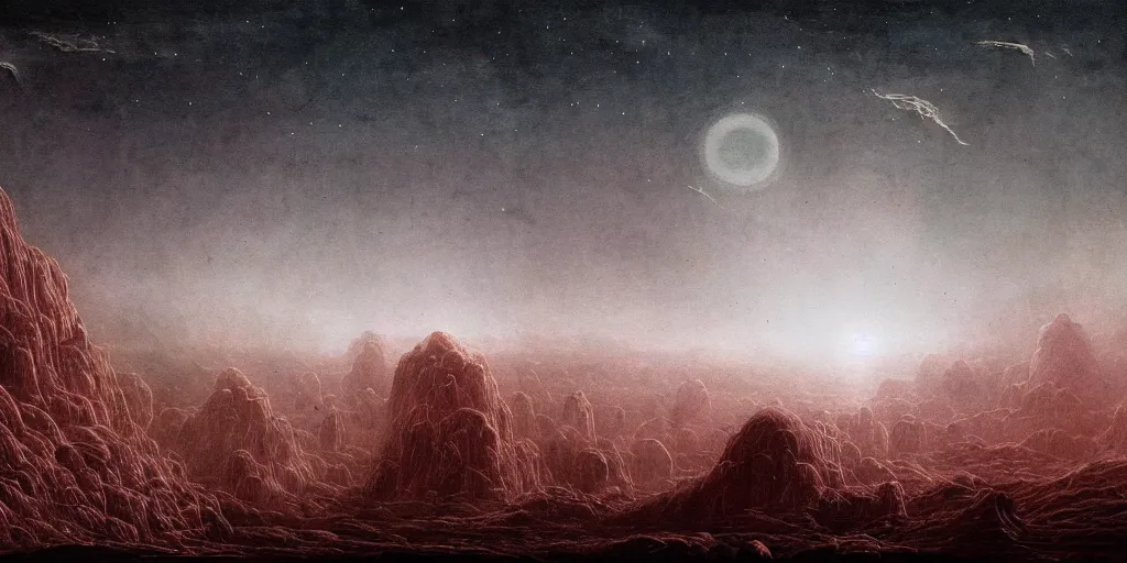 Prompt: epic landscape of ancient tombs of forgotten doom under haunting sky full of stars, uneasy landscape of barren exoplanet gliese, lakes of molten quicksilver among the ruins, inspired by beksinski, trending on artstation