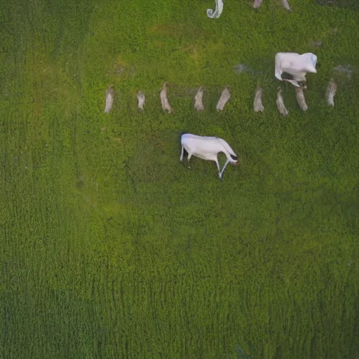 Image similar to an aerial shot of a rural landscape with fields and cows, Sunset, tilt shift