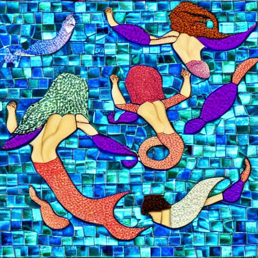 Prompt: glass mosaic of mermaids playing underwater volleyball, tesselated, colorful