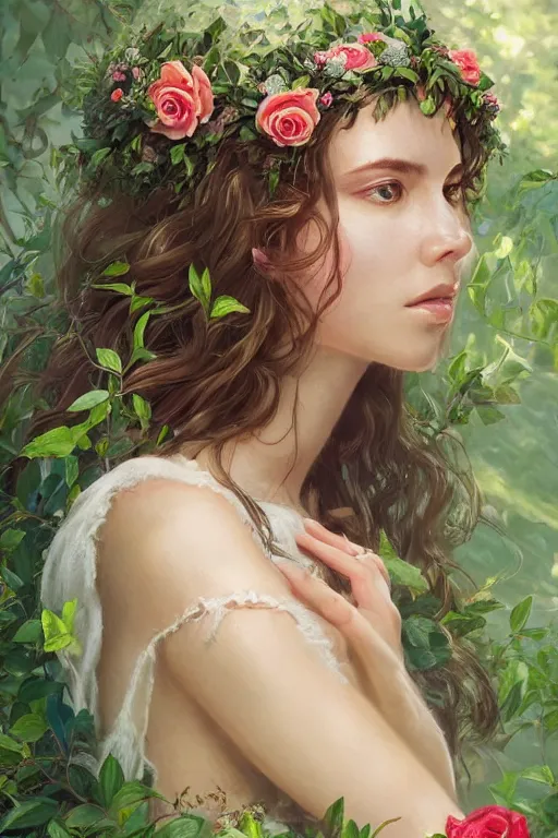 Prompt: beautiful woman in the middle of a lush garden with roses in her hair and an intricate gown, highly detailed, close - up portrait, artstation, art by artgerm and greg rutkowski,