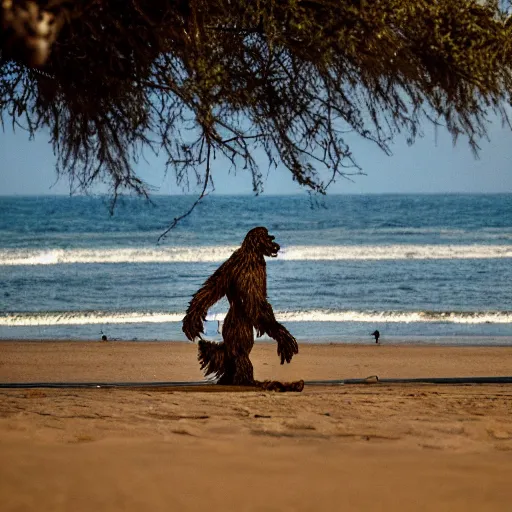 Image similar to photo of a Bigfoot at the beach in Tel Aviv, 50mm, beautiful photo