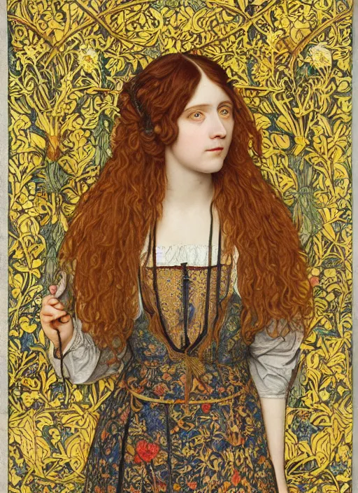 Prompt: hipster masterpiece of preraphaelite portrait photography, hipster hair fringe, yellow ochre ornate medieval dress, william morris and kilian eng and mucha, framed, 4 k