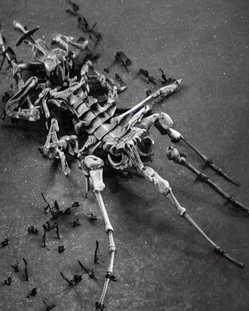 Prompt: a dramatic shot of a skinny biomechanical moth made of bones and obsidian with cyber muscles and insect parts and pale skin fighting a world war one soldier in eerie trenches of verdun at night while it's raining