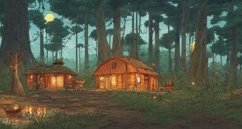 Image similar to beautiful wide shot cozy hut in the forest near river with fireflies , studio ghibli, Miyazaki, studio ghibli, Jean girard, Moebius , animation, golden hour, highly detailed, 70mm