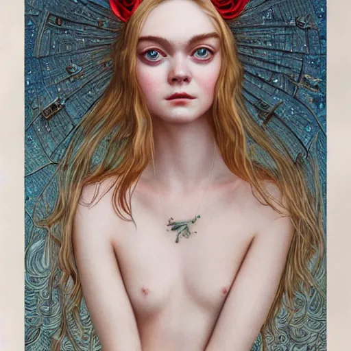 Image similar to professional painting of Elle Fanning in Santorini in the style of Conrad Roset and Dino Valls, head and shoulders portrait, symmetrical facial features, smooth, sharp focus, illustration, intricate, stormy weather, extremely detailed masterpiece,