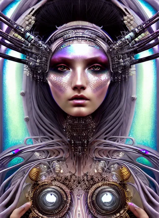 Image similar to hyperrealistic detailed portrait of a beautiful goddess in an iridescent cyber headdress, intricate cyberpunk make - up, art by android jones, john william godward, nekro borja, alphonso mucha, h. r. giger, ornamental gothic - cyberpunk,