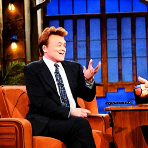 Prompt: Jay Leno as Conan Obrien hosting a late night talk show