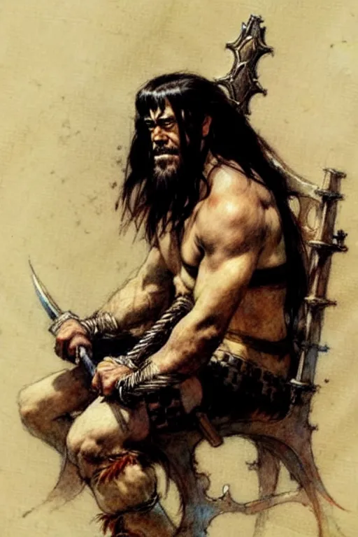 Image similar to (((((1950s king conan the barbarian sitting on his throne . muted colors.))))) by Jean-Baptiste Monge !!!!!!!!!!!!!!!!!!!!!!!!!!!