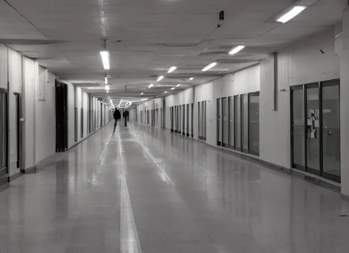 Image similar to a school corridor at night, night time, after hours, low light