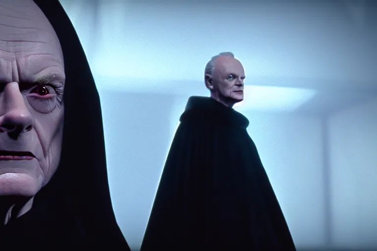 Image similar to a cinematic still of (Ian McDiarmid!!!) as palpatine, wearing sith hood, Ian McDiarmid, ((octane render, nvidia raytracing demo)), ((((lightning)))), masterpiece