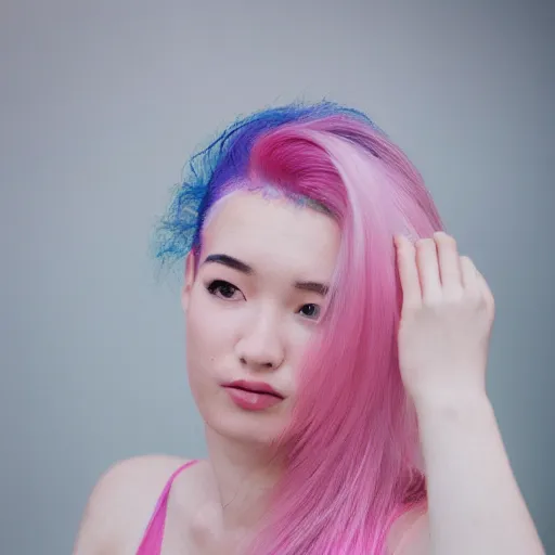 Prompt: a beautiful woman with pink hair and fair skin, portrait photograph, nikon 3 5 mm, photograph