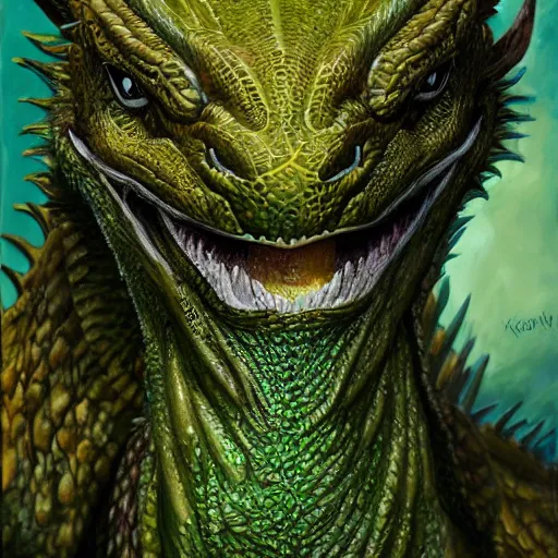 Prompt: realistic, portrait painting, large green dragon, sharp, kodachrome, cgi, hd, detailed