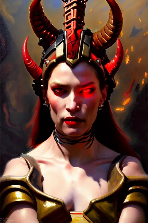 Image similar to painted close - up portrait of a very attractive red - skinned intimidating demon cyborg queen with ram horns! oil painting, wearing a noblewoman's outfit, fantasy art by john singer sargent and gaston bussiere and james jean and greg rutkowski, demon noble character design, hd