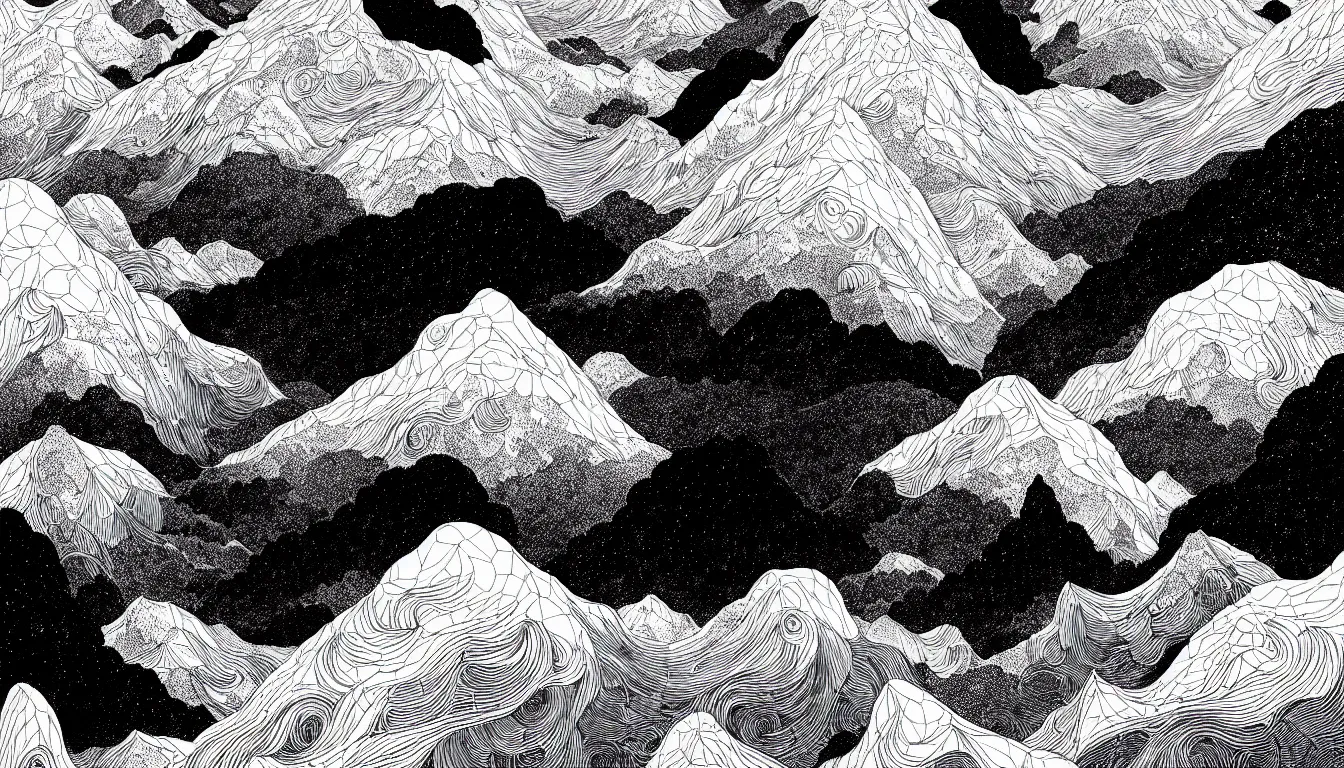 Image similar to clouds beneath mountain peaks by nicolas delort, moebius, victo ngai, josan gonzalez, kilian eng