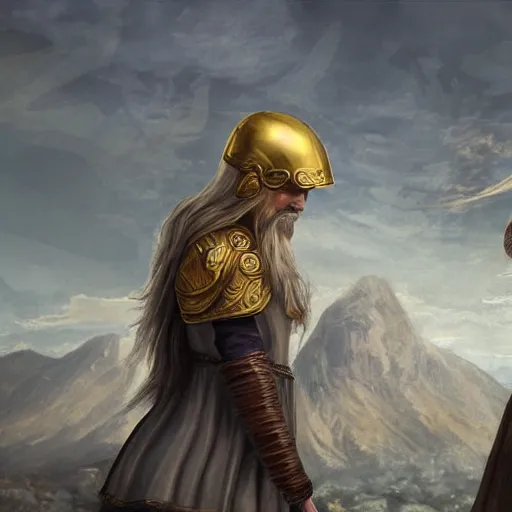 Image similar to tiny Emma Stone as ancient greek woman in golden helmet standing on giant grey-haired bearded male face in the sky, epic fantasy style art, fantasy epic digital art