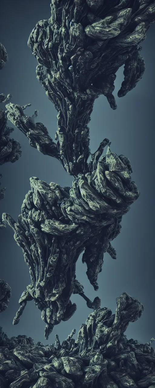 Image similar to visceral exoskeletal formations surrounding of aliens flowers and plants, mythical mountains, dramatic dark contrast lighting, surreal, hyper detailed, cycles 3 d render, 8 k