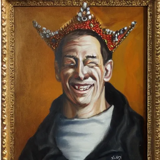 Image similar to man with red eyes and a crown grinning, oil painting