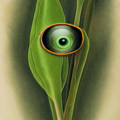 Prompt: botanical illustration of a green plant with eyeballs instead of flowers