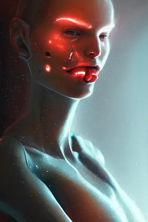 Image similar to attractive female i robot sticking tongue out sensually and sweating, torso portrait, intricate, elegant, volumetric lighting, scenery, digital painting, highly detailed, artstation, sharp focus, illustration, concept art, luis rollo, ruan jia, steve mccurry, john berkey