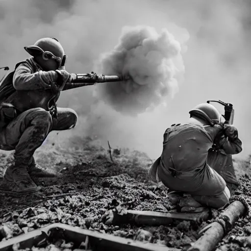 Prompt: minions firing a 8 5 mm mortar, debris and dirt flying, smoke, war photography