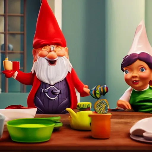 Prompt: a scandal in a gnome family, everyone breaks piles of dishes, hyperrealistic cinematic scene, expressive colors, octane render 8k
