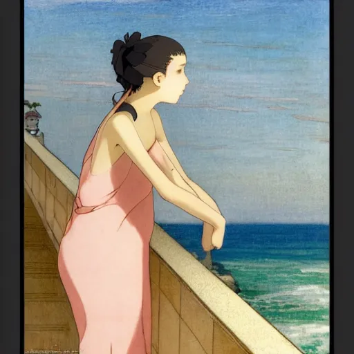 Prompt: A girl on the front of a Balustrade with a beach on the background, a colab between studio ghibli and paul delaroche