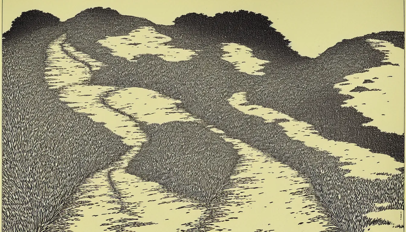 Image similar to path down the hill to the beach by woodblock print, moebius