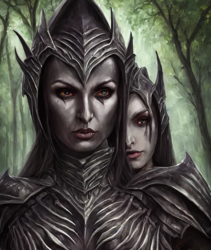 Image similar to a dark elf woman removes her daedric armor and prepares to set up camp by a stream in the woods, oil painting, aesthetic face, symmetrical face, magic, dark, gloomy, portrait, character portrait, concept art, symmetrical, 4 k, macro detail, realistic shadows, bloom, cosplay, dviant art