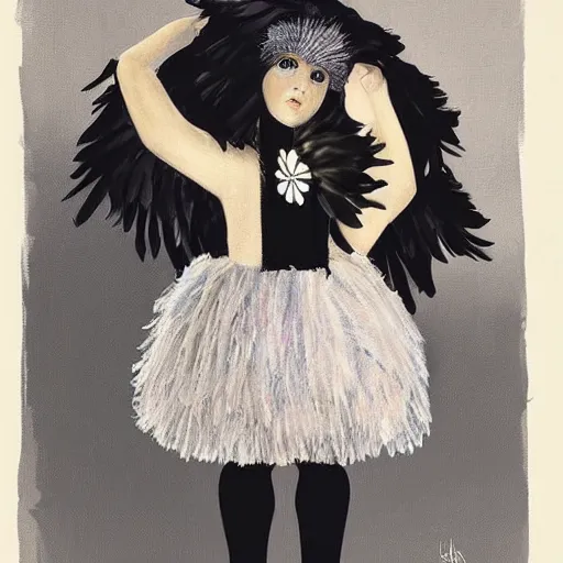 Image similar to little girl wearing an dress made of black feathers, artwork made by ilya kushinov