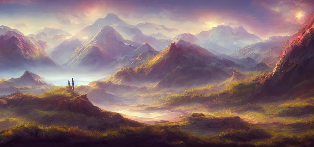 Prompt: vast beautiful landscape, color palette, wide angle, panoramic, distant mountains, lake, painting, magic the gathering, intricately detailed, award winning, artstation award, color scheme, fantasy, concept art