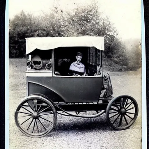 Prompt: polaroid photo of the first ever car produced with people sitting inside of it wearing 1800s clothing.