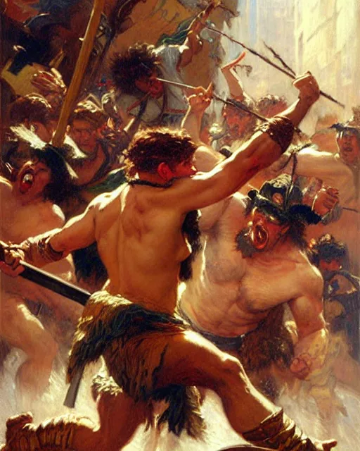 Image similar to a fierce barbarian yelling at stock brokers on wall street, painting by gaston bussiere, craig mullins, j. c. leyendecker