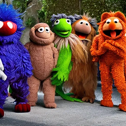Image similar to a large fluffy muppet fox wearing a hooded cloak holding a small muppet manatee in one arm and a muppet dinosaur cat in the other arm with a small herd of random muppet animals following behind, sesame street, photograph, photography, ultrarealistic, national geographic