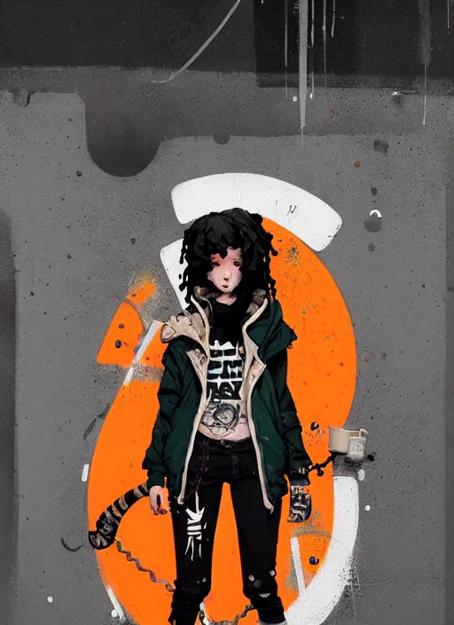 Image similar to highly detailed portrait of a sewer punk lady, tartan hoody, ringlet hair by atey ghailan, by greg rutkowski, by greg tocchini, by james gilleard, by joe fenton, by kaethe butcher, gradient orange, black, cream and white color scheme, grunge aesthetic!!! ( ( graffiti tag wall background ) )