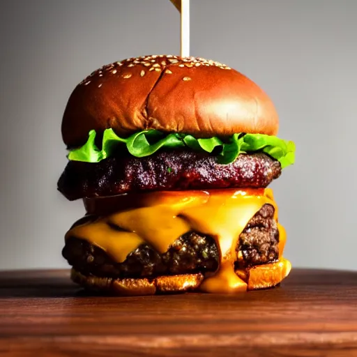 Image similar to very stacked burger, award winning photo, food photography, golden hour, holy