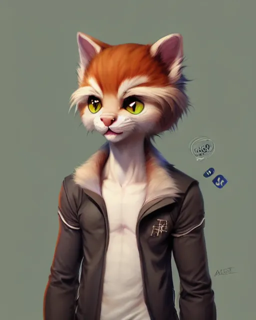 Image similar to character concept art of a cute young male anthropomorphic furry cat | | cute - fine - face, pretty face, key visual, realistic shaded perfect face, fine details by stanley artgerm lau, wlop, rossdraws, james jean, andrei riabovitchev, marc simonetti, and sakimichan, trending on artstation