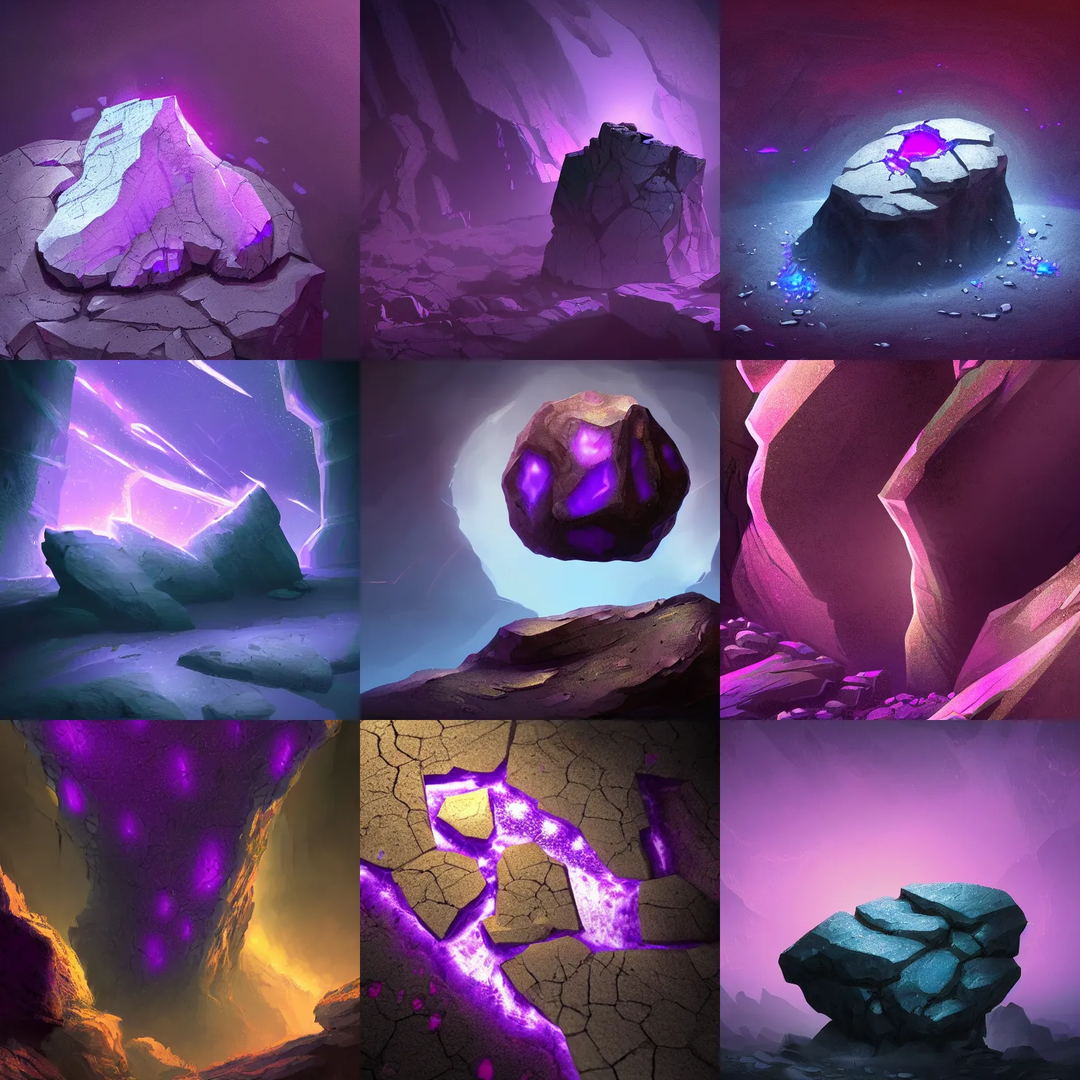 Prompt: a small rock with purple glowing cracks, black background, digital painting, d&d, fantasy, highly detailed, intricate, smooth, artstation, cinematic lighting