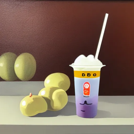 Image similar to still life of a boba tea next to a cash register on the counter, Noah Verrier, 2022, oil painting, muted lighting, award-winning, trending on twitter