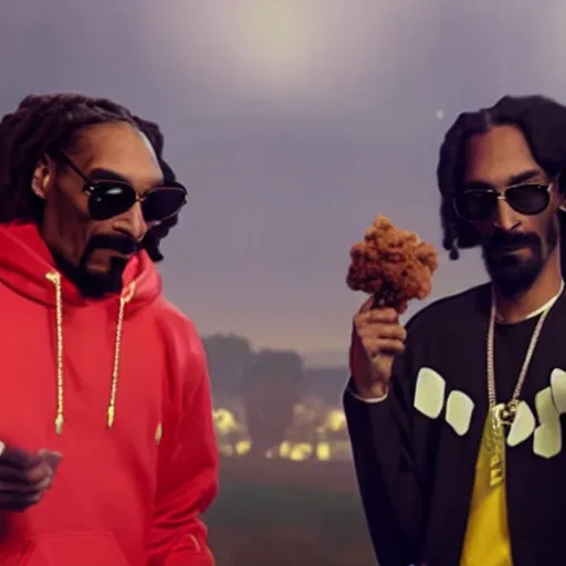 Image similar to ronald mcdonald smoking blunts with snoop dogg, cinematic