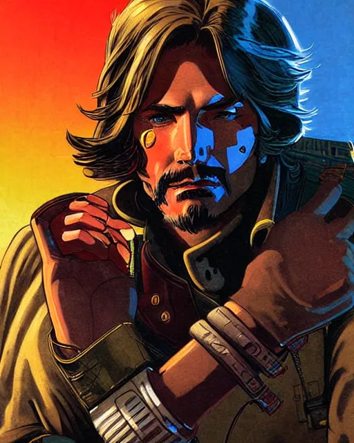 Image similar to mccree from overwatch, cyber space cowboy, outter space, character portrait, portrait, close up, concept art, intricate details, highly detailed, vintage sci - fi poster, retro future, vintage sci - fi art, in the style of chris foss, rodger dean, moebius, michael whelan, and gustave dore