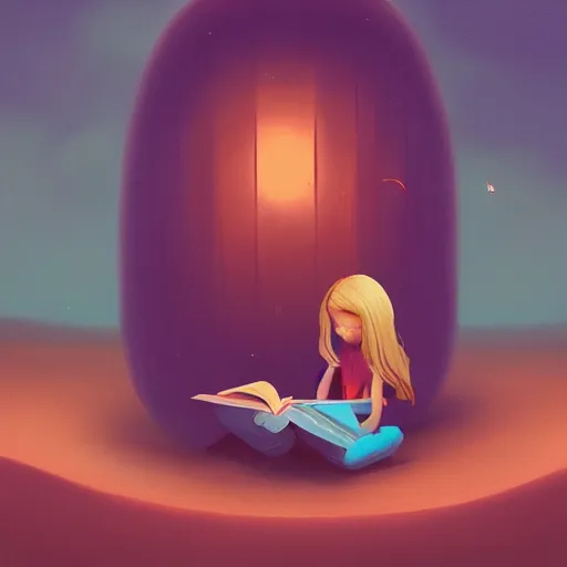 Image similar to a girl reading a book, her hair flowing down, surreal photography, digital painting, artstation, simon stalenhag