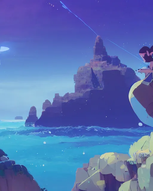 Prompt: a rock needle shooting out of the deep blue ocean, lush vegetation, glowing light, cory loftis, james gilleard, atey ghailan, makoto shinkai, goro fujita, studio ghibli, rim light, exquisite lighting, clear focus, very coherent, plain background, soft painting